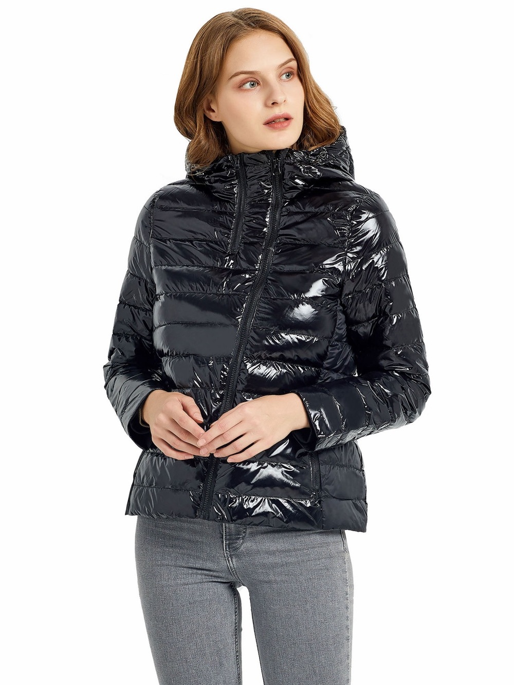 Orolay Glossy Black Down Filled Puffer Jacket with offset zipper women’s size L